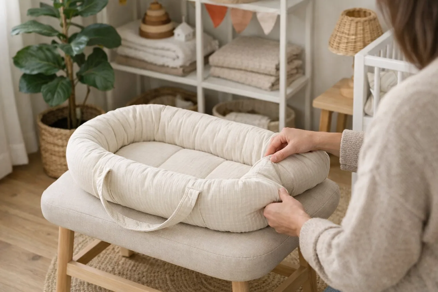 Ett muslinbabynest med handtag på en pall.