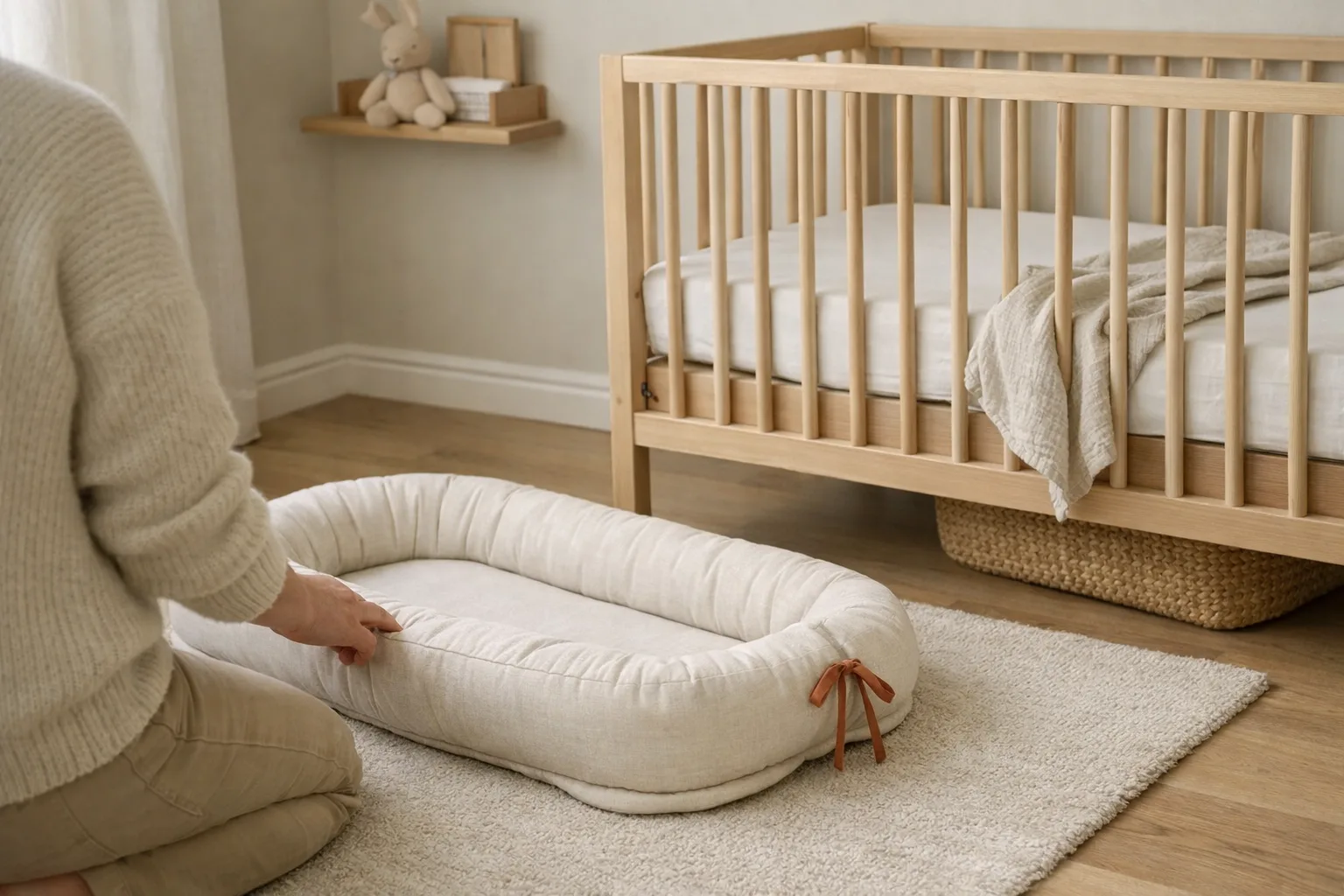 Ett babynest bredvid en babysäng.