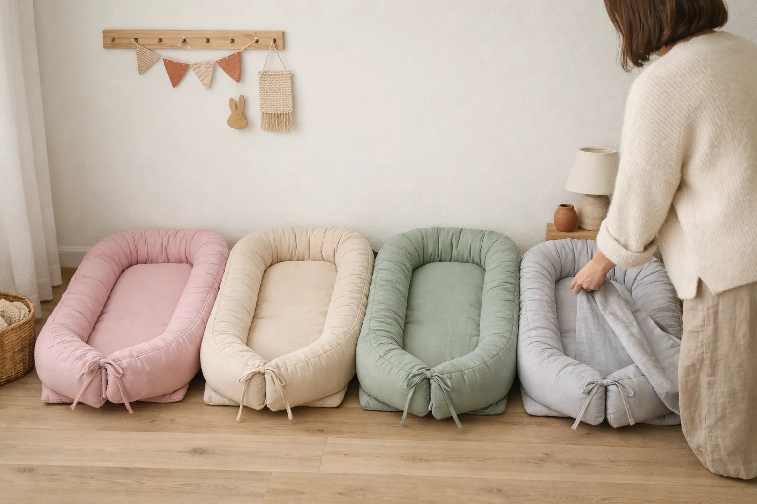 Babynest i fyra färger i ett barnrum.