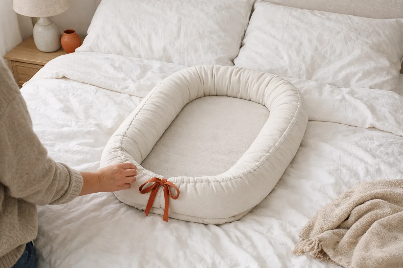Ett tomt babynest på en stor säng.