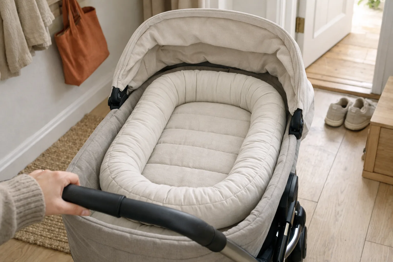 En barnvagns liggdel med ett babynest.