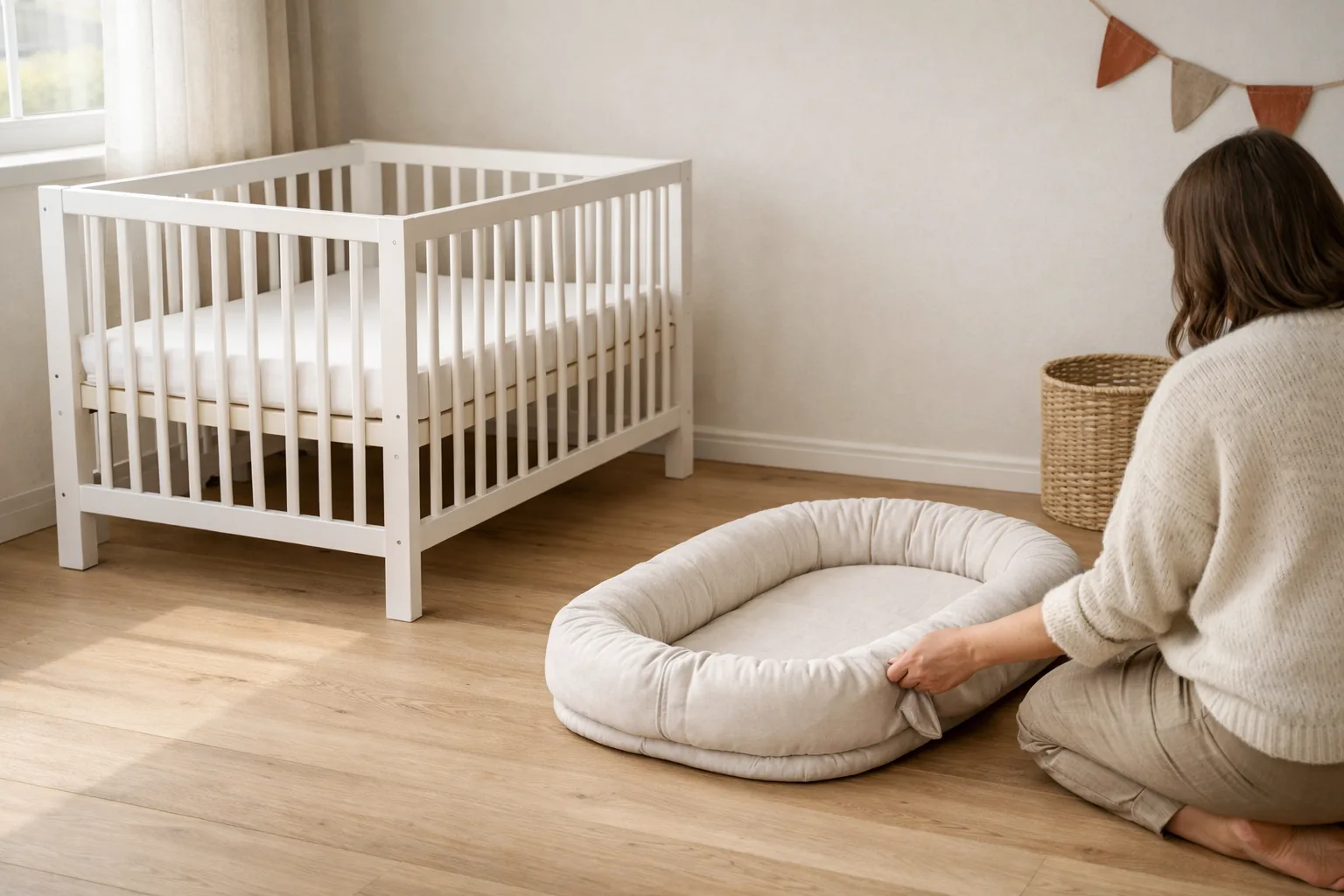 En spjälsäng och ett babynest i ett barnrum.