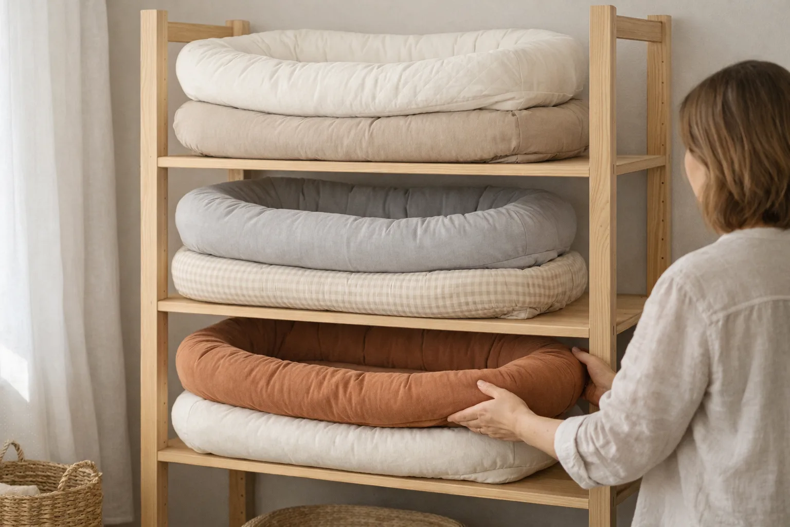 Babynest på en hylla i en barnbutik utan text.