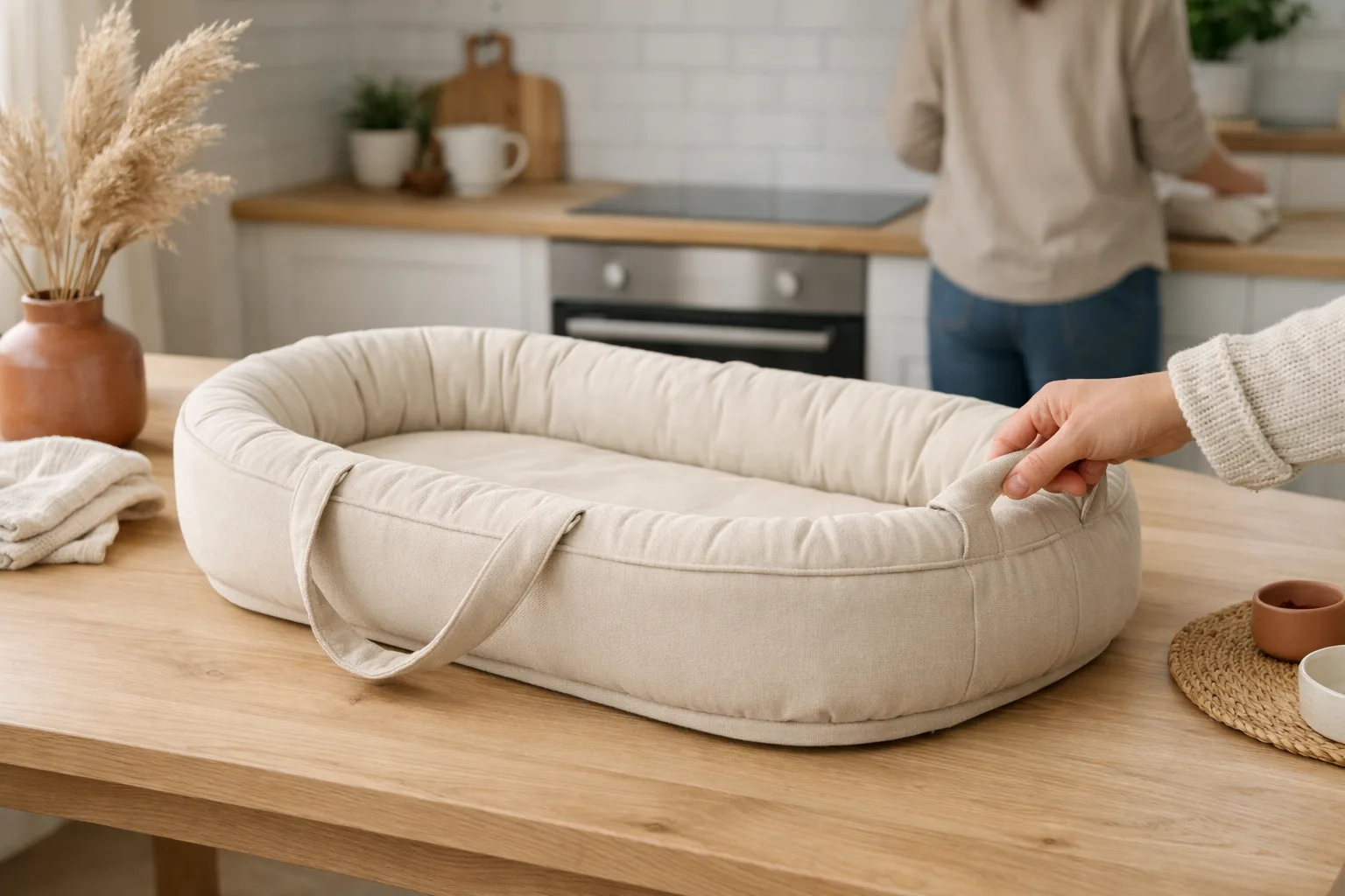 Hand som håller i handtaget på ett babynest.
