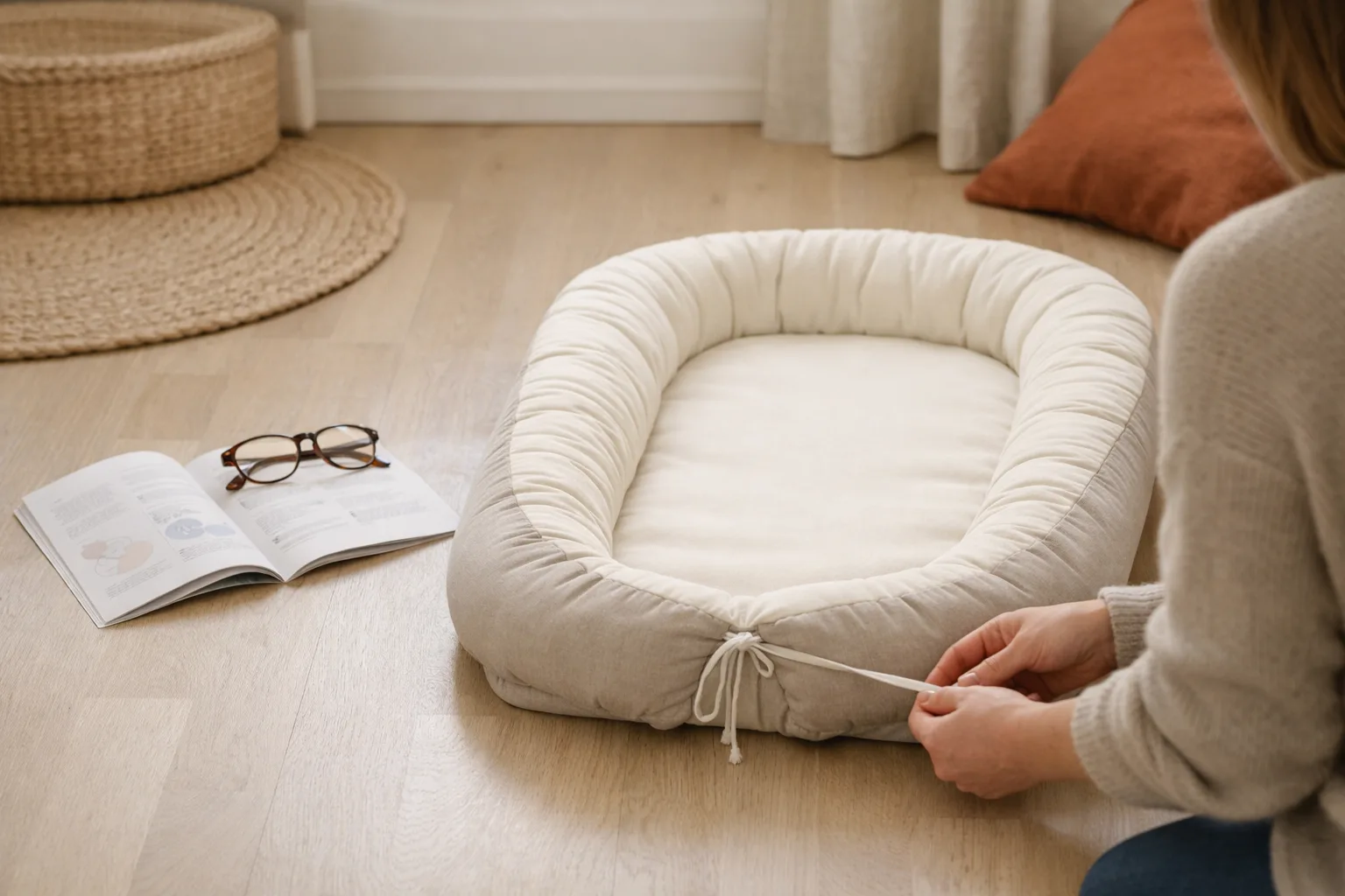 Ett babynest bredvid en broschyr.