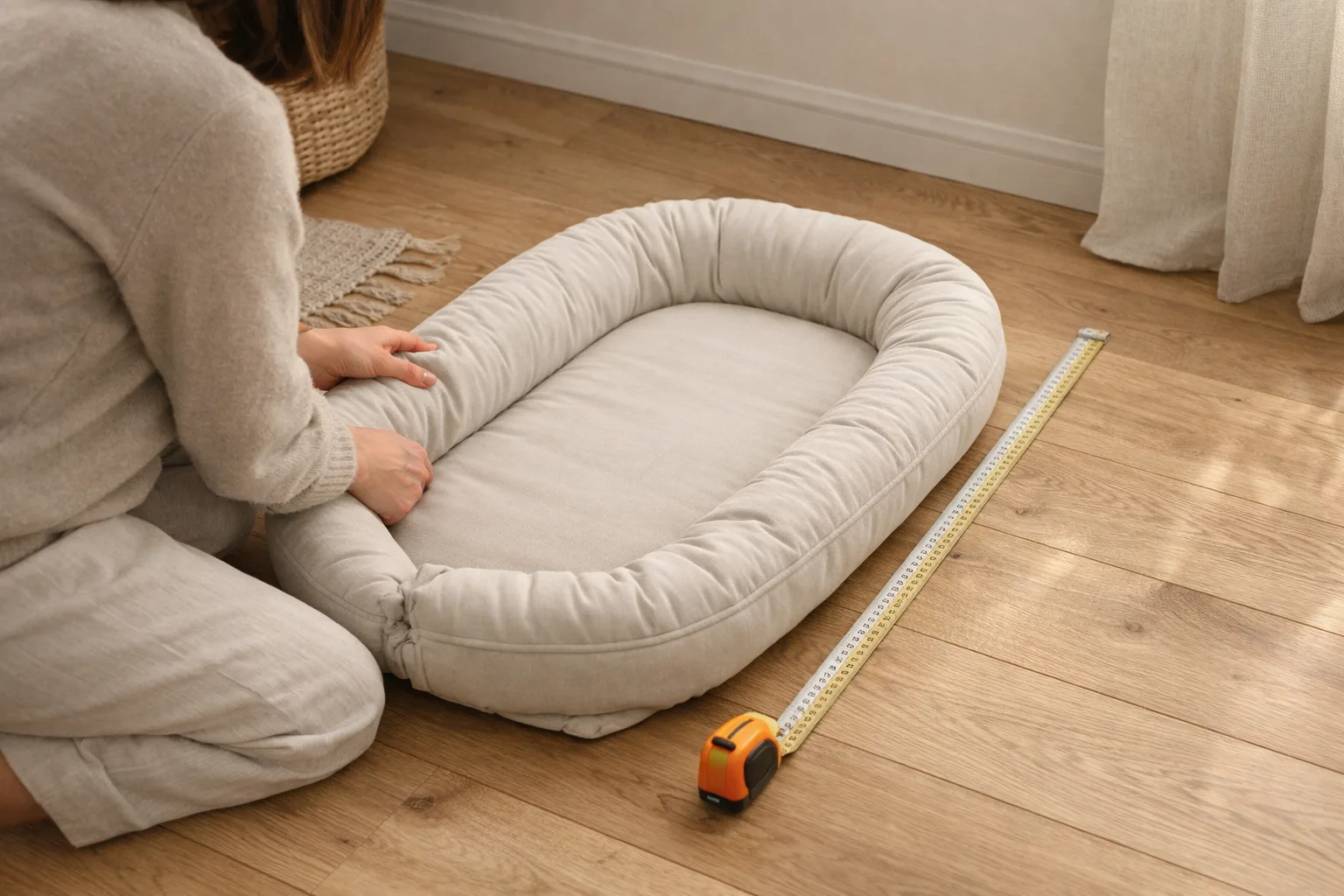 Ett babynest med ett måttband bredvid.