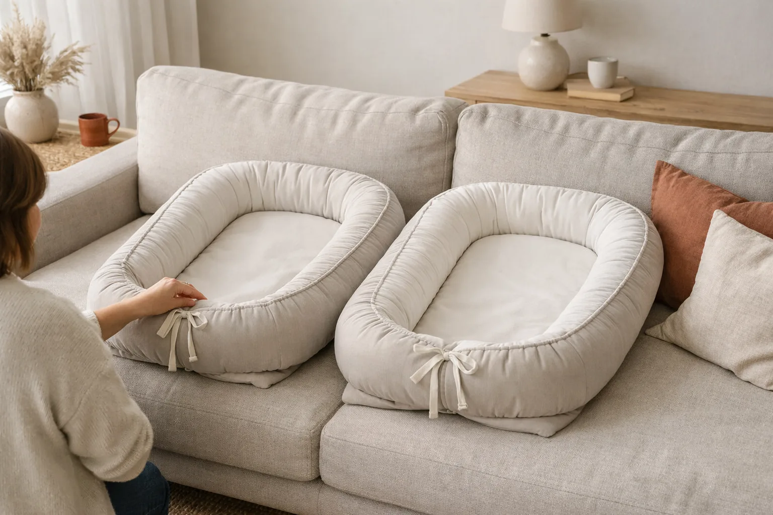 Två babynest på en soffa.