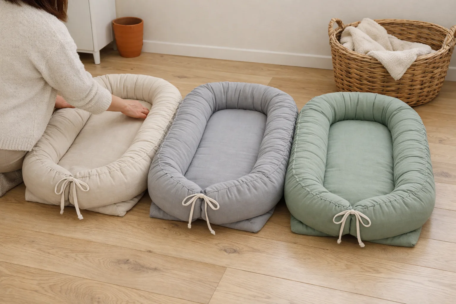 Tre babynest i olika färger på ett trägolv.