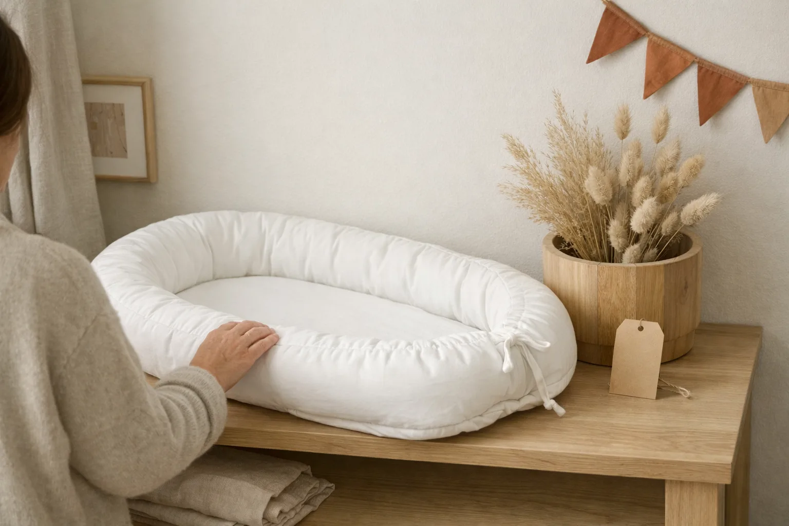 Ett enkelt vitt babynest i ett barnrum.