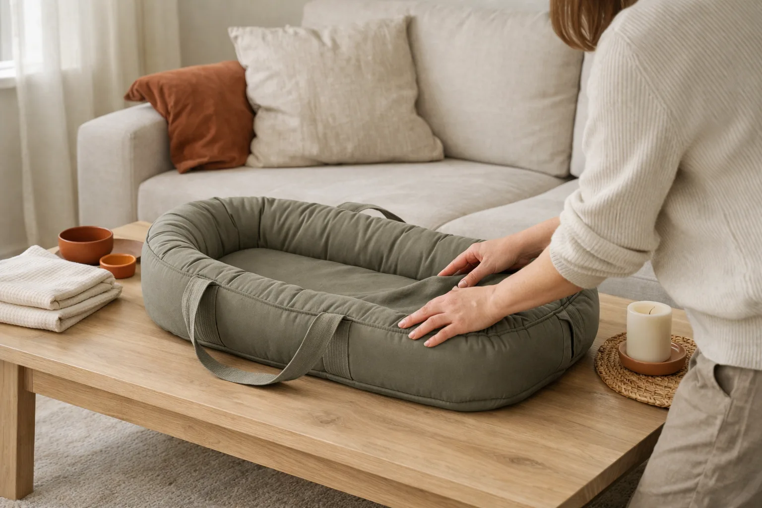 Ett khakifärgat babynest med handtag.