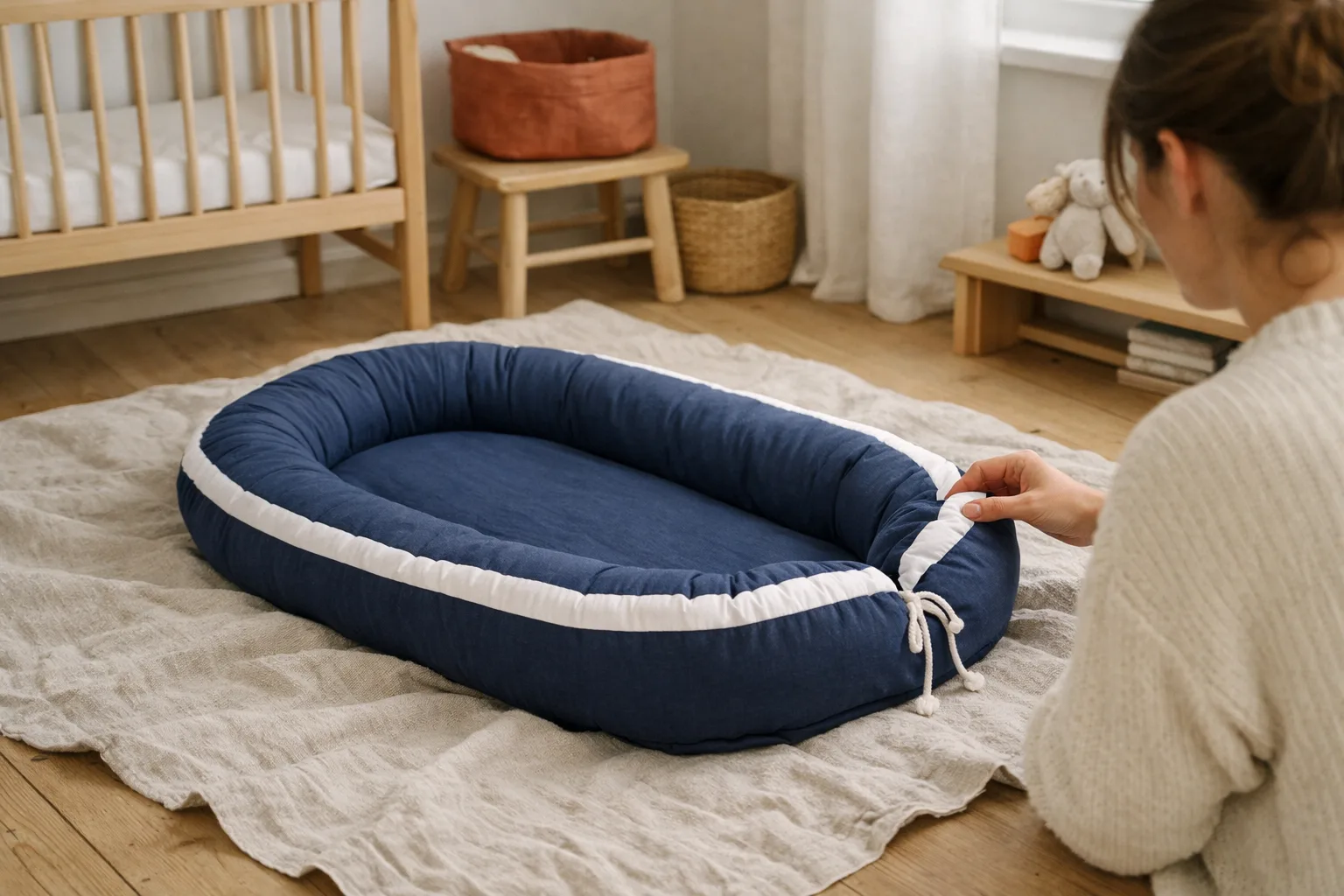 Ett blått babynest på en filt.