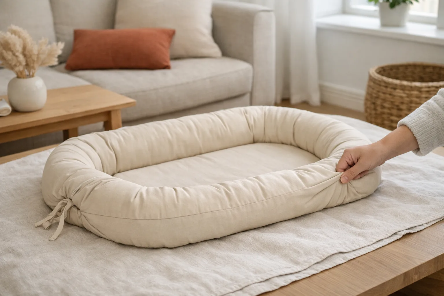 Ett beige babynest på en filt i ett vardagsrum.