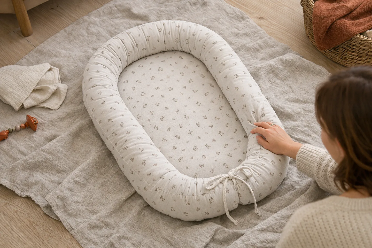Ett mönstrat babynest sett uppifrån.