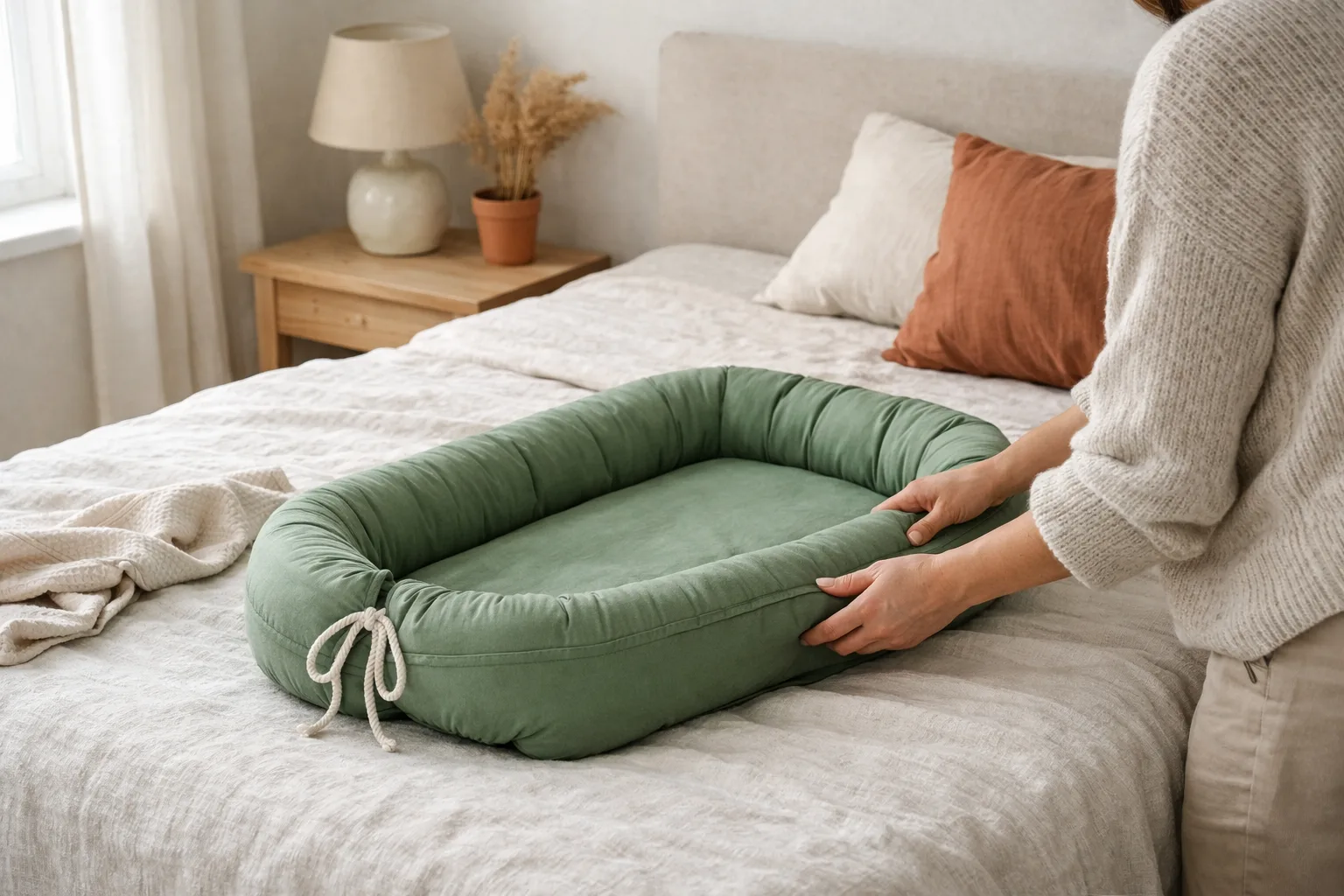 Ett grönt babynest på en säng.