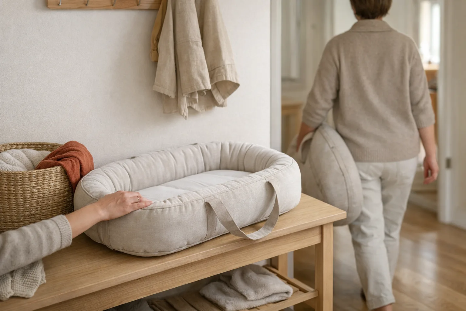 Ett babynest med handtag på en hallbänk.