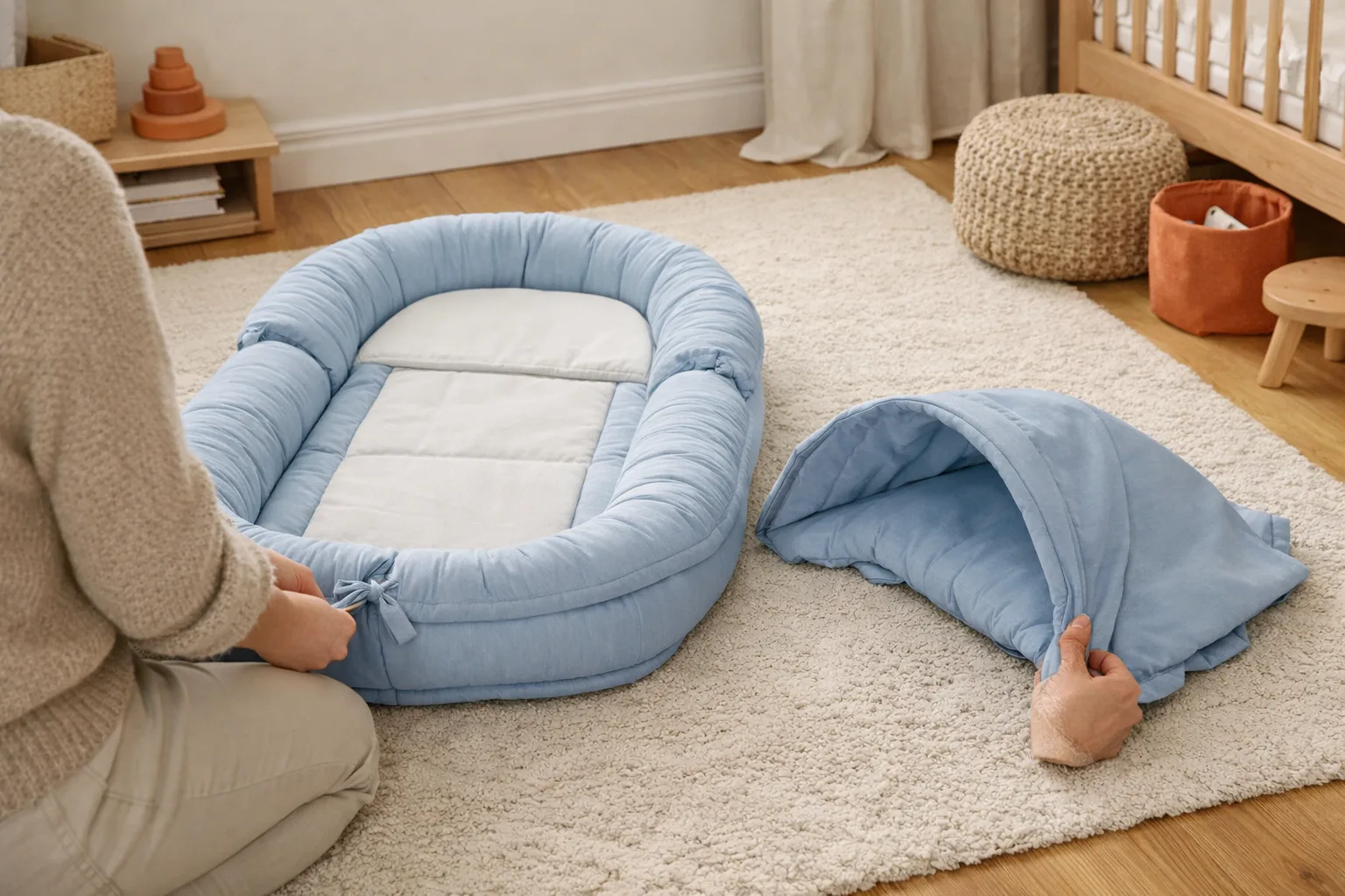 Ett blått babynest med sufflett i ett barnrum.