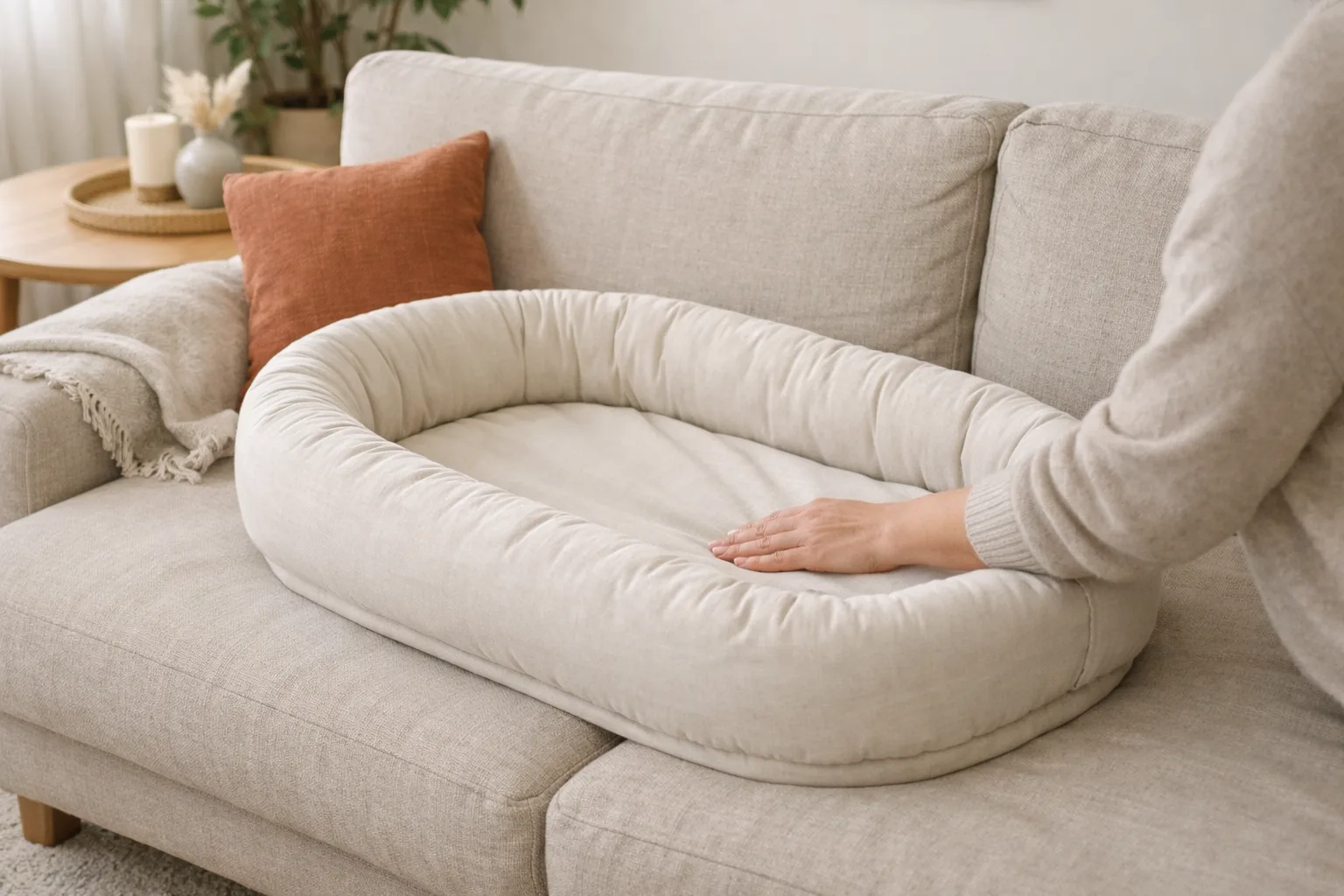 Ett ovalt babynest på en soffa.