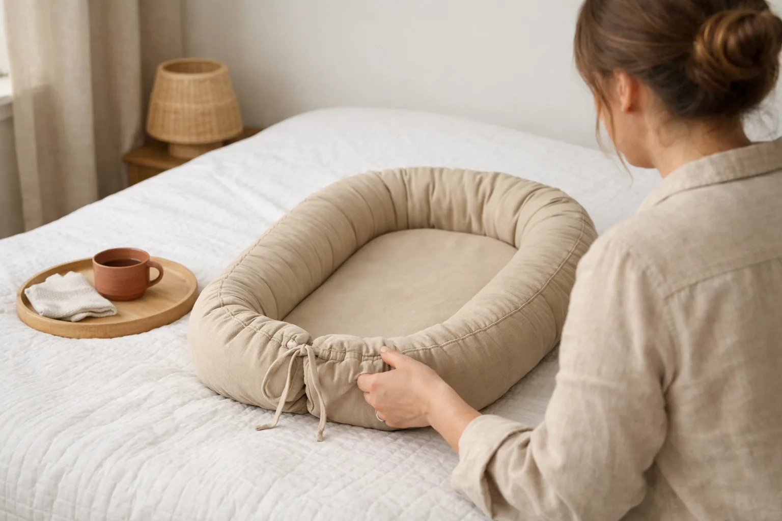 Ett sandfärgat babynest på en säng.
